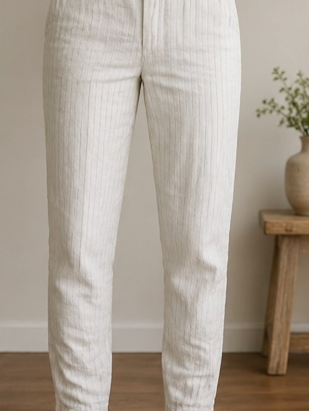 Uniqlo Linen Cotton Pinstripe Pull-On Pants XS Cream Coastal Summer